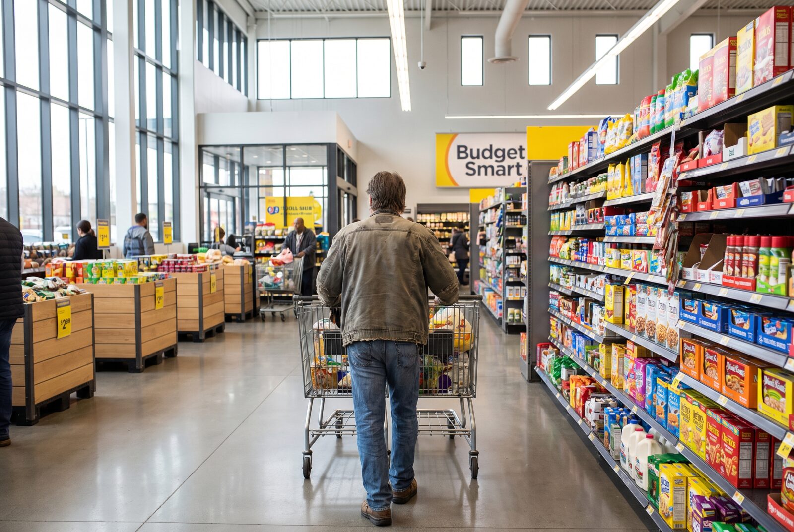 Client poussant un caddie dans un supermarché